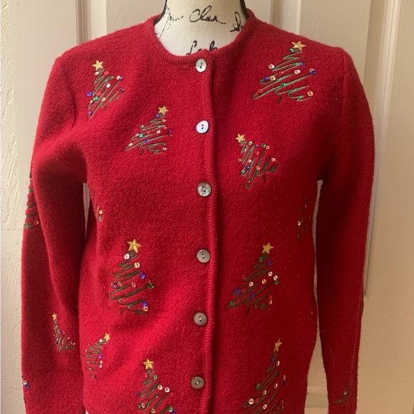 Vintage Karen Scott Festive Red Christmas Cardigan - Picture 1 of 8